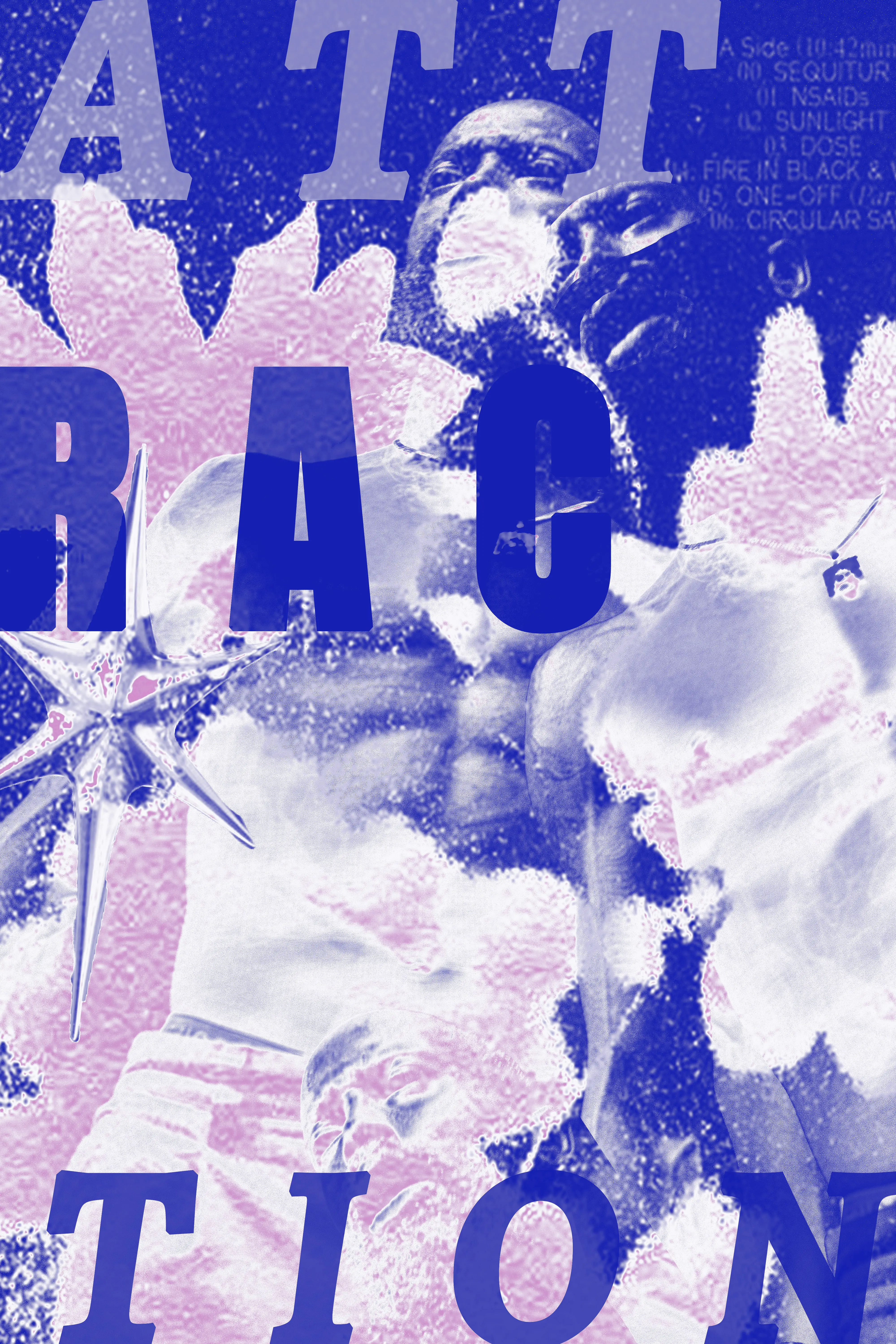 Affiche rose et bleu sur laquelle on peut voir une silouette masculine et le mot attraction.