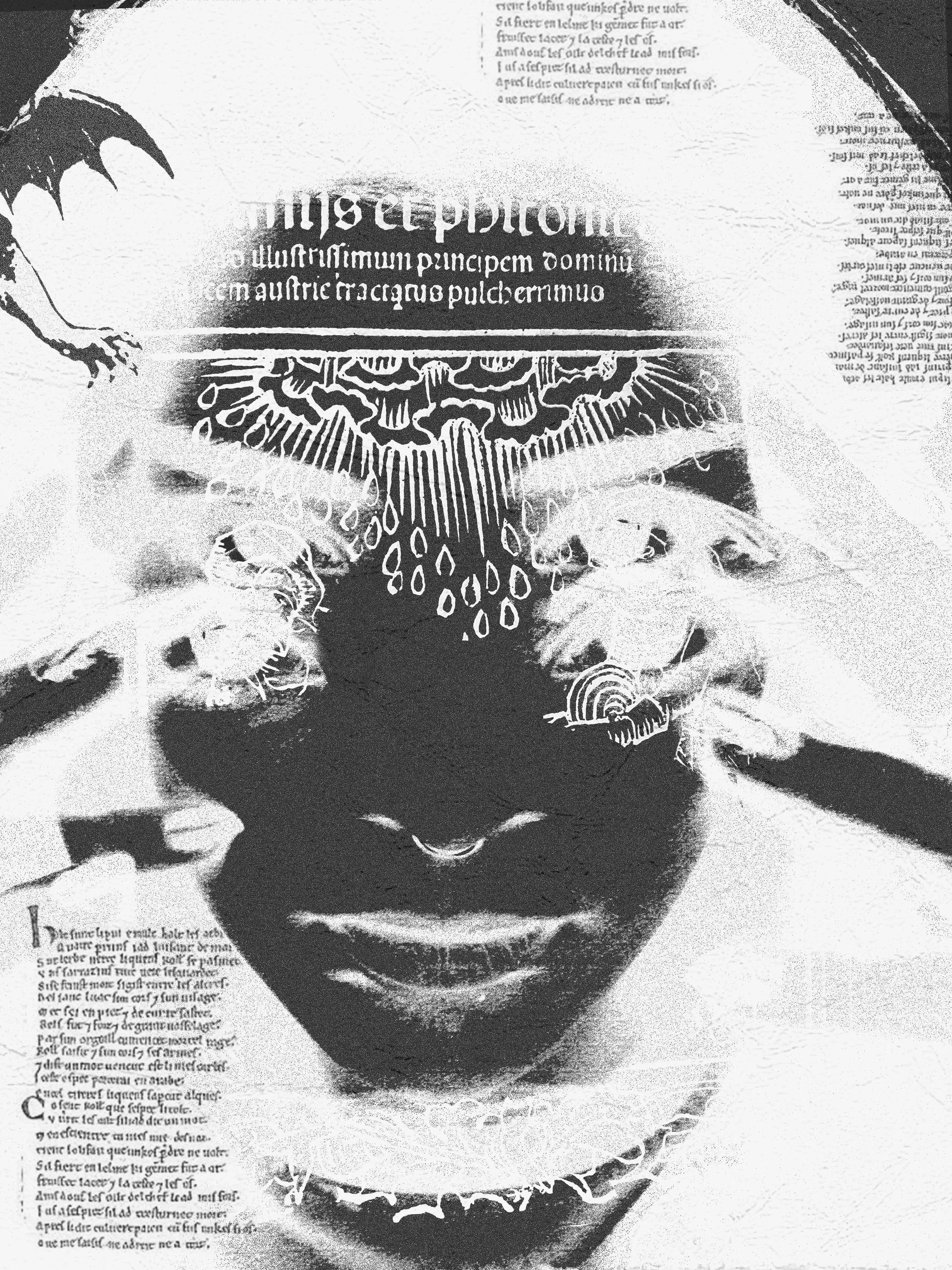 Affiche noir et blanc représentant un visage avec plusieurs yeux et éléments graphiques.