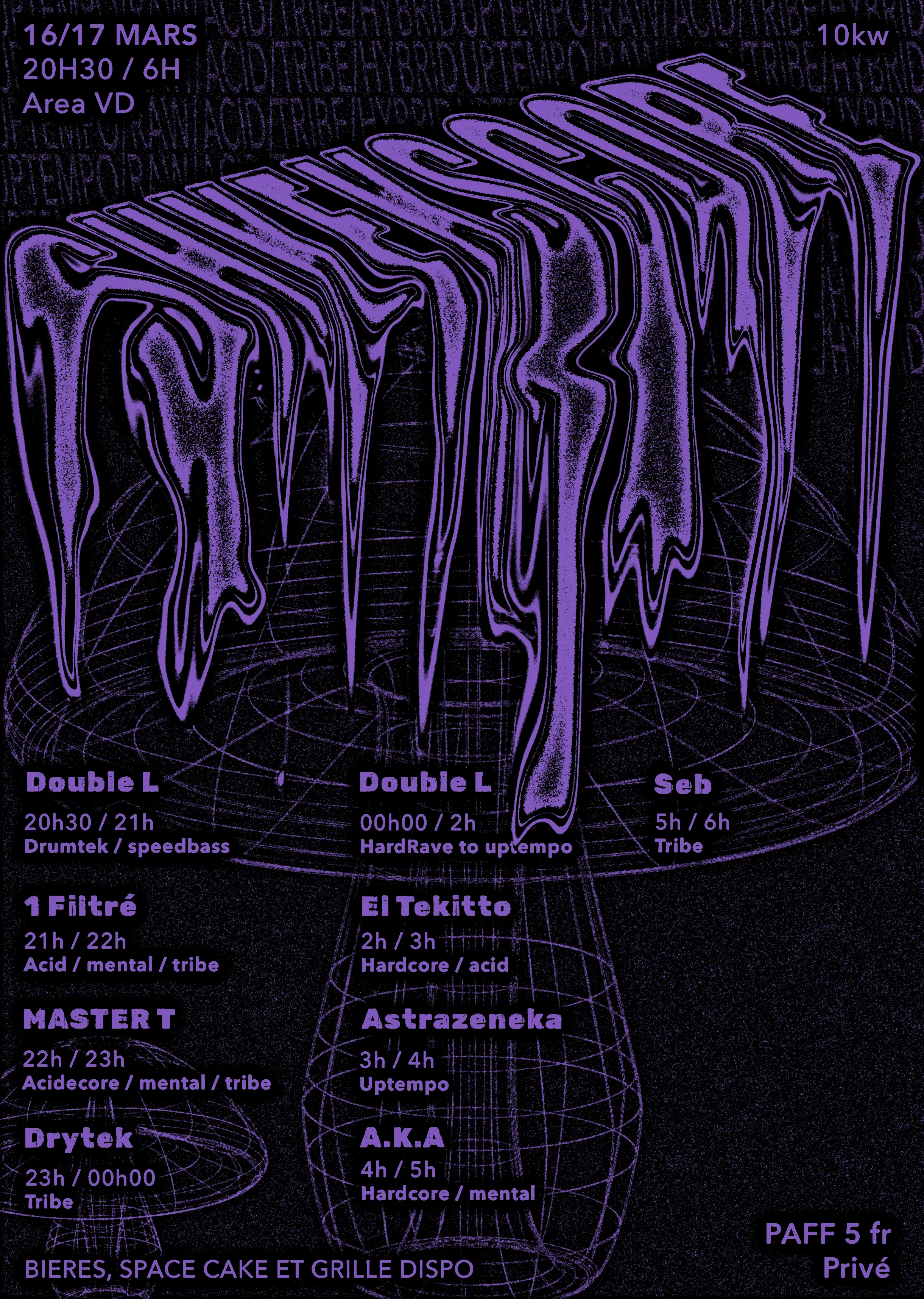 Affiche pour une soirée techno violette et noir.